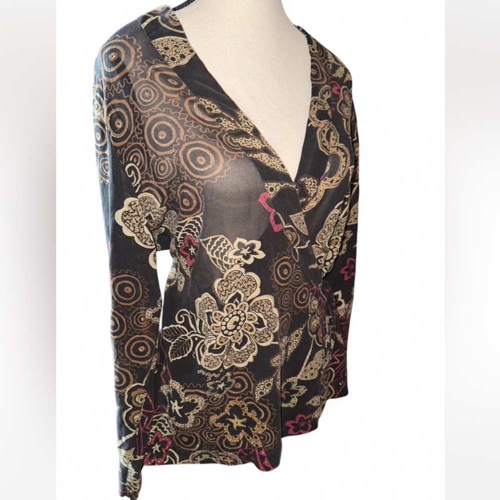 CHICO'S 100% Silk Wrap Top Semi-Sheer Black w/Red,Brown,Gold Sz 2 (size 12, M/L)
